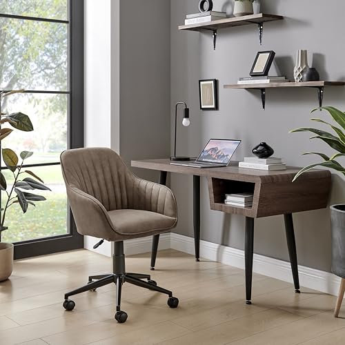 Furniturebox 'Booker' Brown Faux Leather Desk Chair - Black Metal Frame - Modern Tub Chair Design - Height Adjustable - For Home Office Study, Bedroom, Gaming