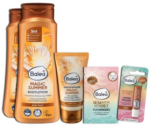 Balea 5er Set: 2 x Bodylotion Magic Summer, 2 x 400 ml - 1 x Gesichtscreme Magic Summer, 50 ml - 1 x Tuchmaske, 1 St – Lippenpflege 4,8 g