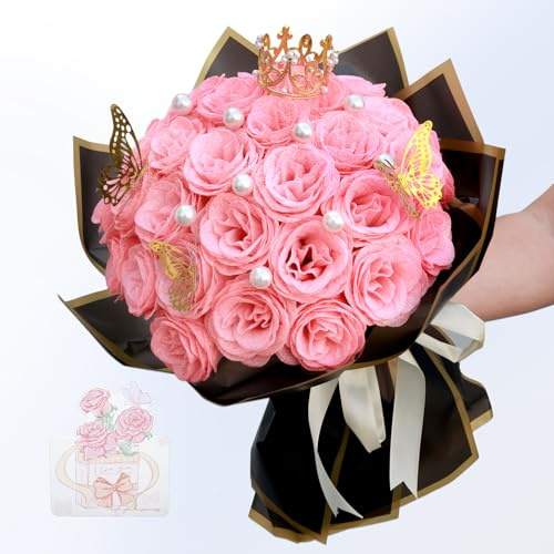 jabeick Pink Glitter Roses Bouquet, DIY Fake Glitter Flowers Bouquet for Valentine, Mother's Day, 36 Roses
