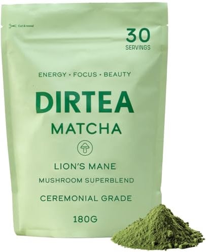 DIRTEA Matcha Powder - 100% Organic Ceremonial Grade Matcha from Japan - Mushrooms Super Blend Tea with Lions Mane & Tremella - 2,500mg per Serving - Vegan & Non GMO - 180g - 30 Servings