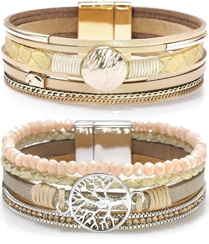 Suyi Multilayer Leather Bracelet Set 2 Pieces Beads Wrap Bracelet Wrist Cuff Bangles with Magnetic Buckle for Women Tree Khaki 12