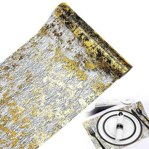 Alovez Tischläufer Schwarz Gold, 28 cm×5M, Schwarz Gold Dekoration für Esstisch für Advent, Karneval, Taufe, Hochzeit, Party, Geburtstag, DIY-Dekoration