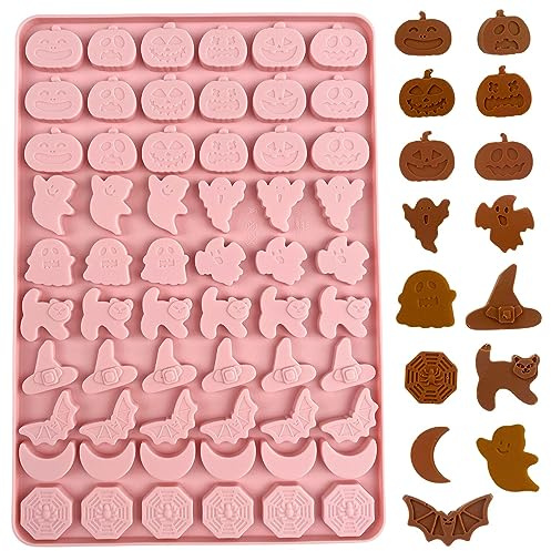 Halloween Silikon Schokoladenform, 1 Stück 3D Bonbonform | Kürbis, Geist, Katze, Hexenhut, Mond, Spinnennetz und Fledermaus für Schokolade, Bonbons und Gelee