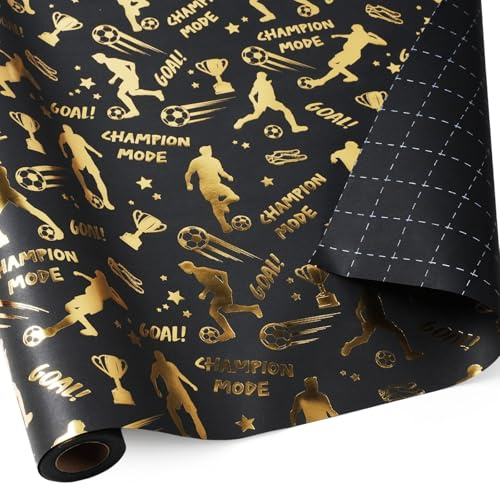BIOBROWN Rouleau de papier cadeau sur le thème du football pour garçons et hommes, noir avec dorés, papier kraft, idéal pour la fête des pères, les fêtes d'équipe et les fans de football, 43 cm x 10 m
