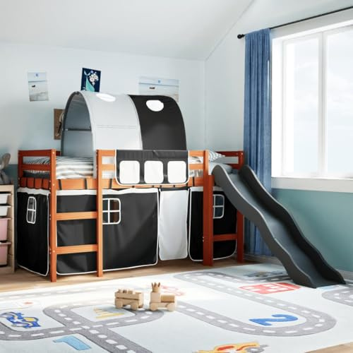 Ziaphsol Kinderhochbett mit Tunnel, Weiß & Schwarz, 80x200 cm, Kiefernholz, Rutsche, Absturzsicherung, Spielbett für Kinderzimmer, Massivholzgestell