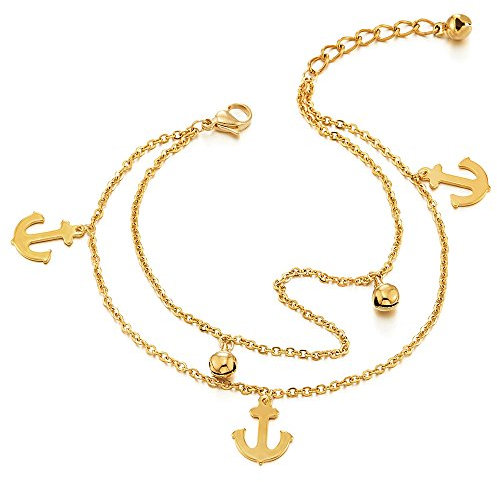 COOLSTEELANDBEYOND Deux Rangs Acier Inoxydable Couleur Or Femme Bracelets de Cheville avec Ancre Charms et Grelot