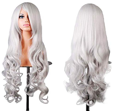 FALAMKA White Wig Long with Pony Cosplay Costume Unisex Straight Wig Carnival