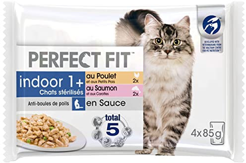 PERFECT FIT Repas pour Chat d'Intérieur Stérilisé - 52 Sachets Fraîcheur (Lot de 13 Packs 4x85g) - Pâtée pour Chat en Sauce - Saumon / Poulet - Nourriture Complète & Equilibrée