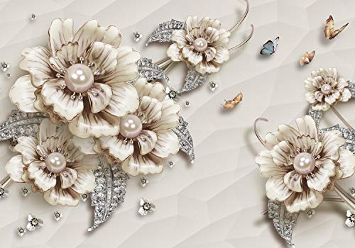 wandmotiv24 Fototapete Schmuck Perle Blumen, XXL 400 x 280 cm - 8 Teile, Wanddeko, Wandbild, Wandtapete, Muster, Schmetterling, Edel M1112