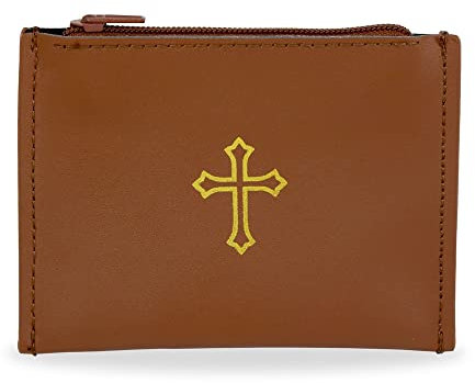 Rosenkranztasche aus Leder, mit goldfarbenem Kreuz braun