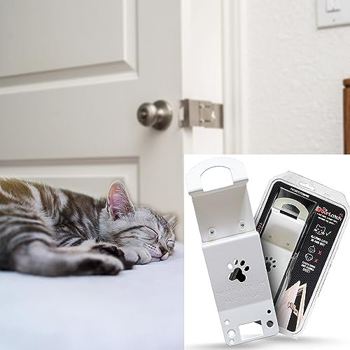 TheDoorLatch Steel Cat Door Strap and Latch, Sturdy Door Holder for Keeping Dogs and Kids Out of Rooms, Litter Boxes, and Food, White Powder Coated Cat Door Latch, 3.5 to 4.5 Inches Opening