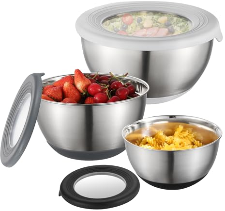 FAB4HOME Stainless Steel Mixing Bowl with Lids Set of 3 Nesting Metal Bowl with Airtight Lids for Baking Cooking Food Preparing & Storage 1.25L/ 2L/ 3L Dishwasher Safe