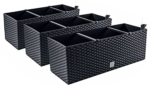 PAFEN 3X Blumenkasten Blumentopf Rattan-Optik - 60 x 25 x 24 cm - Pflanztopf Bewässerungssystem Balkonkasten Pflanzkästen, Anthrazit