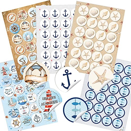 Maritime Aufkleber, 120er Set: Sticker mit Muscheln, Seestern, Anker, Fische, Rettungsring & Leuchtturm, Deko Sommer, Meer & Strand, Maritim, Für Karten, Geschenke & Pary, Dekosticker Klein, Ø 4 cm
