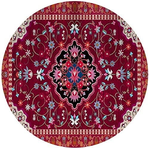 Designer Teppich Rund Kurzflor Moderner Orientteppich Klassisch Gemustert Ornamente für Wohnzimmer Schlafzimmer Kinderzimmer, rote Vintage-Blume Round ø200cm