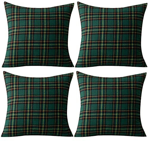Kissenhülle Weihnachten 4 er Set, Qelus Kissenbezug 45x45cm Baumwolle Polyester, Kariert Plaid Weihnachtskissenbezug Dekorative Kissenbezüge Set, für Wohnzimmer Sofa Schlafzimmer (Grün und Gelb)