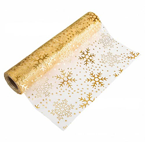 Tischläufer Gold Rolle 5mx28cm, Tischläufer Weihnachten Gold Glitzer Tüll, Tischband Weihnachten Papier, Weihnachtsläufer Tisch Abwaschbar, Weihnachtsdeko Innen Tischdeko Amerikanisch (Schneeflocke)