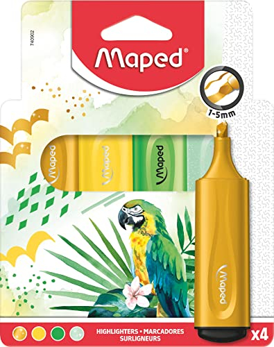 Maped - extra-weiche, flexible Textmarker FLUO PEPS THEMEN x4 - perfektes Markier-Ergebnis, auch auf unebenen Oberflächen - Clip an der Kappe - 3 verschiedene Themen: Ocean, Tropical, Sunset, bunt