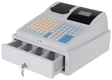DOZPAL Elektronische Registrierkasse mit 81 Tasten und 8 digitalen LED-Kundenanzeigen, multifunktionale Registrierkasse, einfach zu bedienen, abschließbare Schublade mit 3 Banknoten/4 Münzen