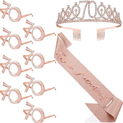 Henoyso 10 Stück Geburtstagsgeschenk für Frauen Glitzer Geburtstag Brille Geburtstag Party Dekoration Geburtstag Schärpe und Tiara für Frauen (Roségold + 70.)