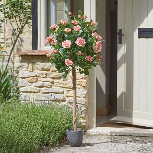 Garden Mile Artificial House Plant 120cm Pink Rose Trees Indoor Potted Plant Outdoor Tree with Fake Pink Flowers Rose Bush in Pot Potted Plants for Home Office Fake Flower Tree