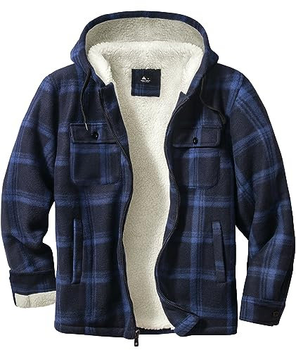 SwissWell Herren Hemdjacke Verdicken Kariertes mit Zipper Flanelljacke Plüschfutter Freizeit Gefüttert Holzfällerhemd Männer Winter Hemd Fleece Hoodie Winterjacke mit Brusttasche(Marineblau, L)