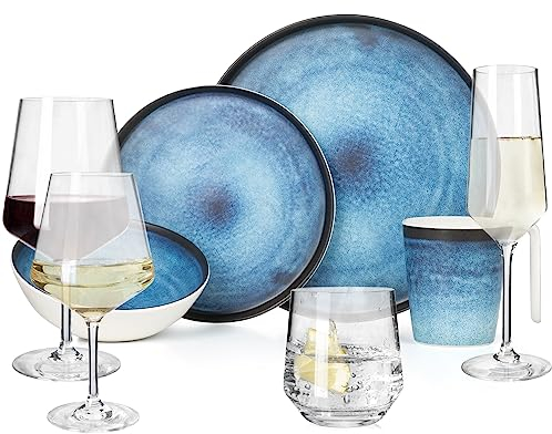 Melamin Camping Geschirr Set 4 Personen Deep Ocean + 16 Milano Gläser Wassergläser Weingläser Champagner-Gläser Flûtes Tafelgeschirr Picknick BBQ Kochgeschirr