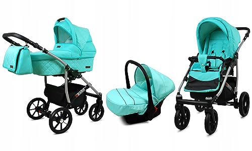 BabyLux® Kinderwagen Set 3 in 1 - Qbaro - incl. Babywanne, Buggy Sportsitz, Auto-Babyschale - Autositz - Kinderwagenset - Kombikinderwagen mit Wickeltasche, Regenschutz usw.
