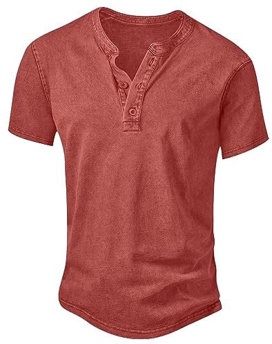 NITAGUT Men's Distressed Henley Shirts Vintage Short Sleeve T-Shirts Washed Cotton Casual V-Neck Button Tee Shirts,Red,L