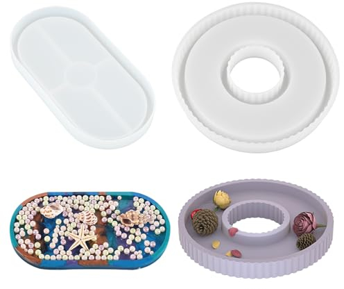 2 Stück Silikonform Tablett, Oval & Rund Gießformen Silikonform Teller, DIY Gießform Silikon mit Rillen, Epoxidharz Formen für Herstellung von Kerzenhaltern, Schmucktabletts, Handwerk Dekoration