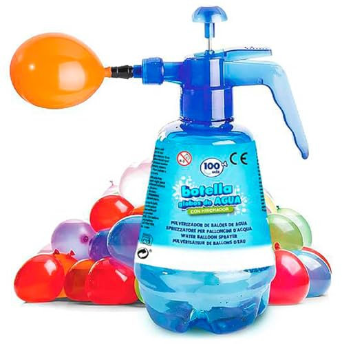 Acan Tradineru - Botella de plástico para llenar Globos de Agua, Incluye 100 Globos, llenado súper rápido, inyector, hinchador, inflador, Verano - 1,5 litros - Color Aleatorio