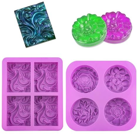 2 Stück 4 Hohlraum Seifenformen Silikon, Silikonform Seife, mit 4 Schäumendes Netz, Silikonform Blumen, Seife Selber Machen, Seifenstempel, für Seife, Kerzen