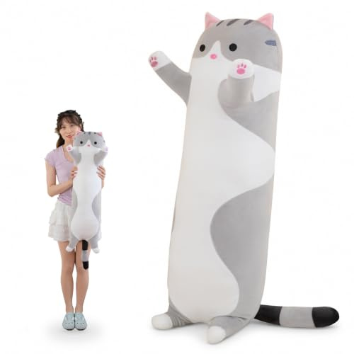 AMOZO Katzen Kuscheltiere süße Lange Katzen Plüschtiere, Niedliche Weiche Katze Stofftiere Plüsch Kissen Spielzeug für Mädchen und Kinder (Grau, 90cm)