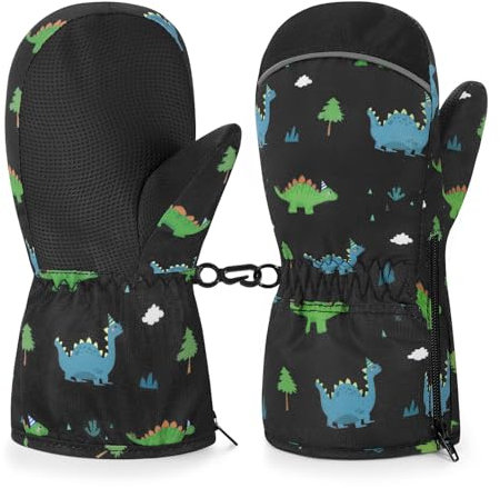 MoKo Handschuhe Kinder, Dinosaurier Winterhandschuhe Kinder & Fäustlinge Kinder - Winddicht und Wasserdicht, Skihandschuhe Kinder für Outdoor Snowboard für Jungen Mädchen von 4-5 Jahren, S, Schwarz