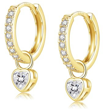 Ohrringe Gold, Ohrringe Silber 925 Hängend Creolen Gold Klein mit Herz Rund Zirkonia für Damen Mädchen Herren (gold-herz)