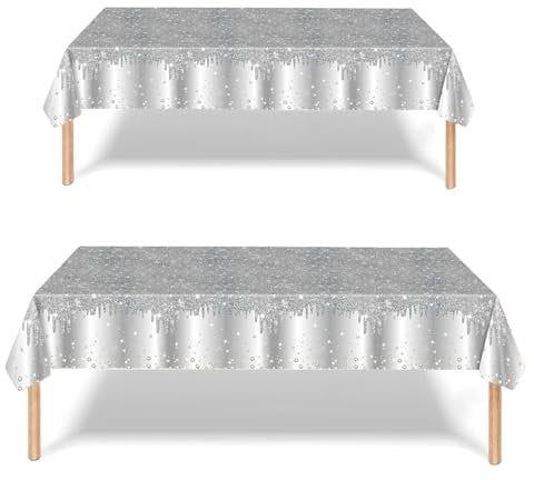 2P Silver Party Plastic Table Cloth,137x274cm Shiny Glitter Silvers Tablecloths Rectangular Diamond SilversParty Dining Table Cover Silver Tablecloths for Baby Shower,Wedding,Birthday Tablecloth Décor