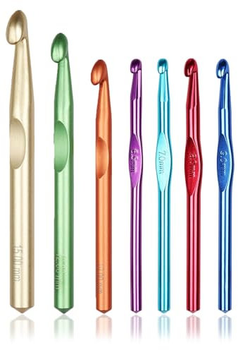 Wjelet 7 Stück Häkelnadel Set, 6,5 mm, 7,0 mm, 8,0 mm, 9,0 mm, 10 mm, 12 mm 15 mm, Chunky Häkelnadeln Riesenhaken Metall-Häkelnadeln für Dicke Wolle Taschen Teppiche Bulky Garn (7 color)