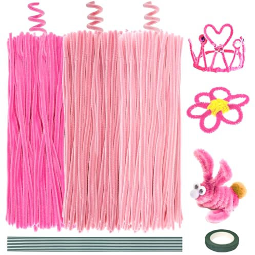 Deepton 300 Stück Pfeifenreiniger, 3 Verschiedene Rosa Pfeifenputzer, Chenilledraht Pfeiffendraht, 30cm x 6mm Biegeplüsch Basteldraht mit 10 Eisen-Draht und 1 Band für DIY Bastelprojekte