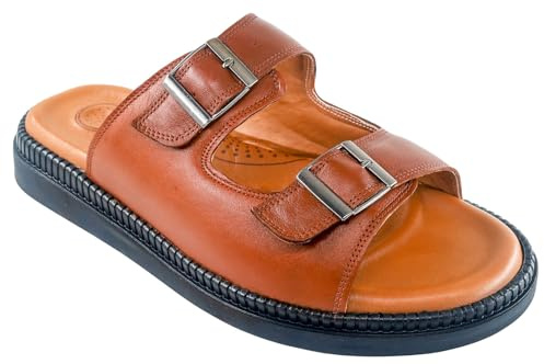 Lusco Men's Leather Flat Sandals | Adjustable Buckle Strap