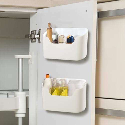 Youyijia 2 Pcs Kitchen Storage Boxes, Kitchen Cabinet Door Storage Box, Self-Adhesive Wall Storage Box, Wall Mounted Storage Box for Bathroom Fridge Kitchen Office