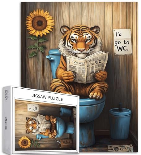1000 Teile Tiger sitzen auf Toilettensitz und lesen Zeitung Puzzle für Erwachsene, 68,6 x 50,8 cm, bunte DIY-Puzzles für Heimdekoration, Geschenke, Familienpuzzle, perfekt für Spielabende