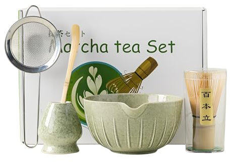 5 Pcs Matcha Kit, Match Bowl with Spout and Whisk, Matcha Scoop, Matcha Whisk Stand (Chasen Holder), Stainless Sifter, 5 Pcs Perfect Matcha Kit for Matcha Tea Ceremony (Mottled Green)