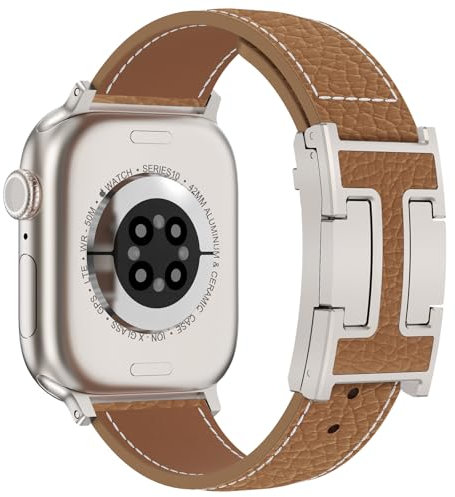 CHANCHY Bracelet en cuir pour Apple Watch 40 mm, 41 mm, 42 mm (Series 10), bracelet de rechange en cuir véritable pour Apple Watch Series 10, 9, 8, 7, 6, 5, 4, 3, 2, 1 et iWatch SE, marron avec boucle