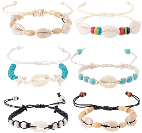 AHANDMAKER 6 Stück Muschelarmbänder Fußkettchen Set Natürliche Türkis Kauri Perlen Muscheln Knöchelschmuck Boho Verstellbare Seestern Fußkette Ozean Hawaii Strandpartys
