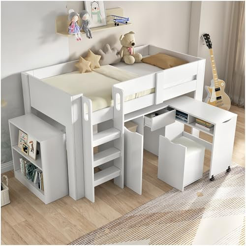 Zubaliya Lit Mezzanine Enfant 90x200cm avec Bureau télescopique et Armoire Amovible, lit Enfant Multifonctionnel avec tiroir et Chaise avec Coussin PU,sans Matelas,Blanc