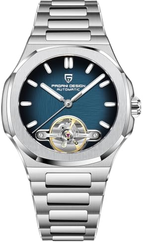 Pagani Design YS025 hohle mechanische Herrenuhren, Tourbillon, Automatikuhr für Herren, Saphirspiegel, Edelstahl, Sport, blau, Klassisch