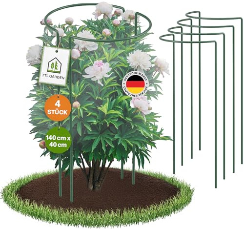 TTL GARDEN Strauchstützen 140cm x 40cm 4er Set Pflanzenstütze Ø 5,5 mm - | Stahl rostfrei Kunststoff beschichtet - Pflanzenhalter Staudenhalter Blumenhalter Hortensie Rose Pfingstrose Ø 5,5mm grün