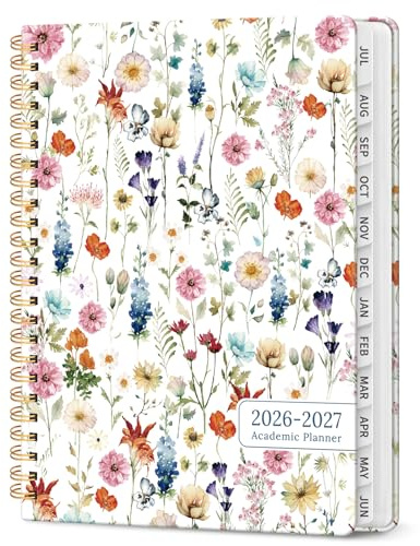 Planner 2026-2027, Academic Year Monthly and Weekly Calendar Planner, Jul 2026 - Jun 2027, Hardcover Teacher Student Planning Agenda book with Tabs, Perfect for School Office Supplies, 6.3 x 8.5 - Wildflowers