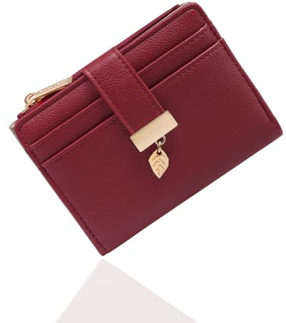 Pomelo Best Portefeuille RFID pour Femmes - Petit Portefeuille à Deux Volets en Cuir Végan avec Poche Zippée pour Pièces et Fenêtre ID - Portefeuille Compact avec Breloque Feuille pour Femmes, Rouge