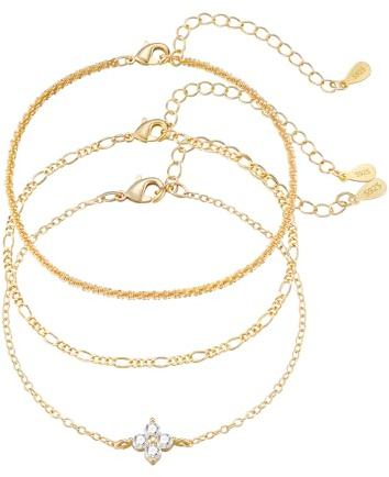 Diorra 3 Stück Armband Damen Gold, 14 Karat Vergoldet Armband Set Verstellbare Stapelbare Figaro Perlen Ketten Armbänder Gold Schmuck Geschenke für Frauen
